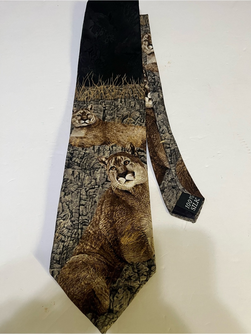 Men's Brown Mountain Lion Print Silk Tie - Wildlife Motif